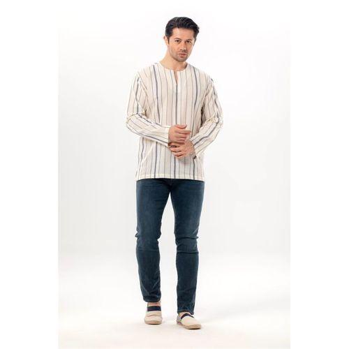 Büyük Beden Uzun Kol Şile Bezi Bisiklet Yaka Yazlık Tshirt Ekru Gri Çizgili 3028