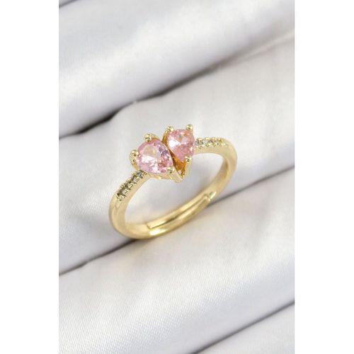 Pirinç Zirkon Taşlı Pembe Kalp Model Gold Renk Kadın Yüzük