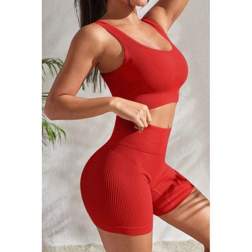 Kadın Kırmızı Kaşkorse Şortlu Crop Atlet Takım Esnek Kumaş Yüksek Bel