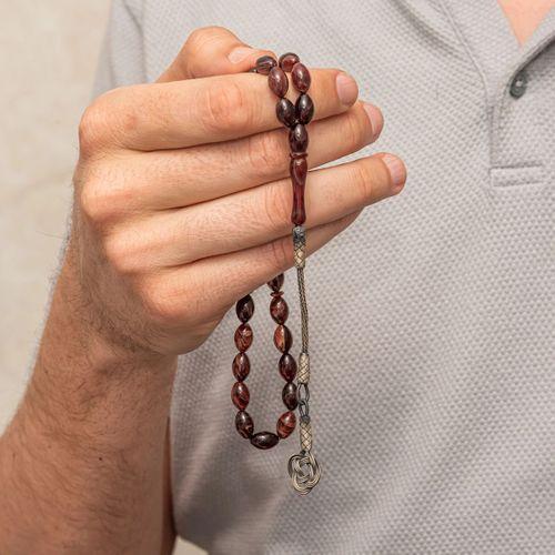 Gümüş Kahverengi Kazaz Püsküllü Sıkma Kehribar Tesbih