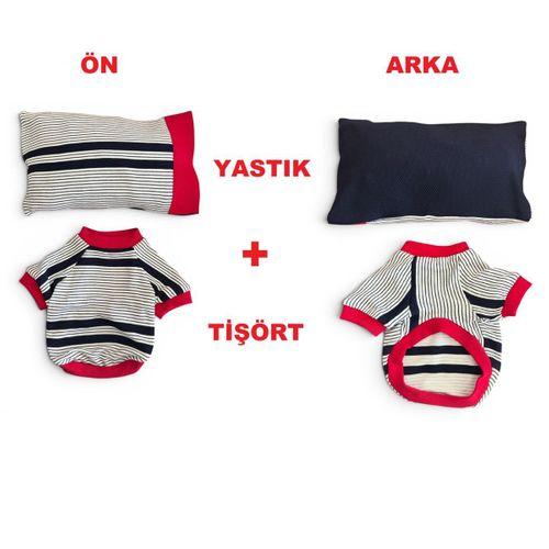 Yacht Club Marin Çizgili Köpek Uyku Takımı | Lacivert Kırmızı Pamuklu Köpek Tulumu ve Mini Yastık | Küçük Irklar İçin