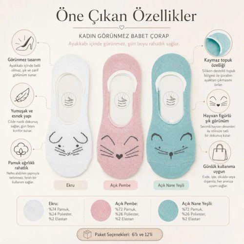 Kadın Hayvan Figürlü Görünmez Babet Çorap 12'li | Pamuklu Kaymaz Topuk, Ekru Pembe Nane