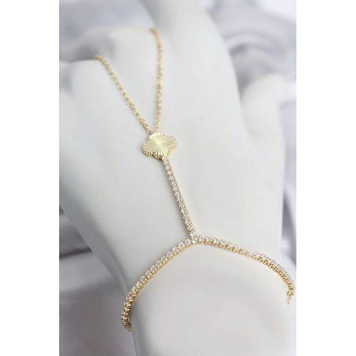 Gold Renk Pirinç Lazerli Yonca Model Zirkon Taşlı Şahmeran