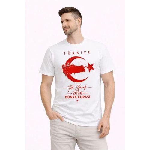 Erkek TÜRKİYE Ay Yıldız Baskılı Taraftar Forma T-Shirt - Beyaz