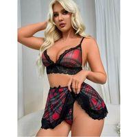 Fantezi Seksi Dantelli Ekose Sütyen Mini Etek Takım