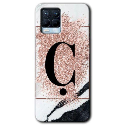 BeRa Aksesuar Realme 8 Kılıf Baskılı Kapak - Pembe Mermer Desenli Ç Harfi +Tam Kaplayan Mat Seramik