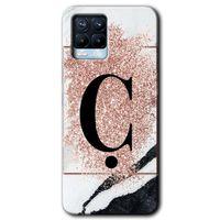 BeRa Aksesuar Realme 8 Kılıf Baskılı Kapak - Pembe Mermer Desenli Ç Harfi +Tam Kaplayan Mat Seramik