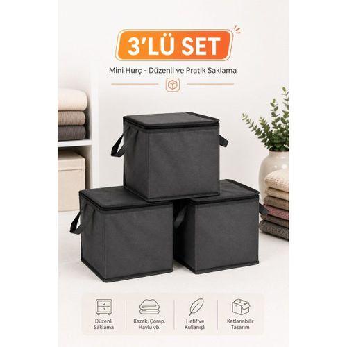 3'lü Set Mini Hurç Antrasit 25x25x25 cm Fermuarlı Çorap Kazak Havlu Saklama Hurcu