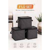 3'lü Set Mini Hurç Antrasit 25x25x25 cm Fermuarlı Çorap Kazak Havlu Saklama Hurcu