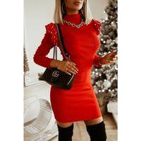 Kadın Uzun Kollu Balıkçı Yaka Omuzlarda Pile Inci Detay Kaşkorse Elbise