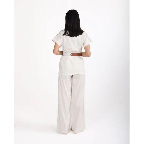 Trend Kadın Krem Keten Dokulu Bol Paça Pantolon ve Kısa Kollu Bluz Takımı