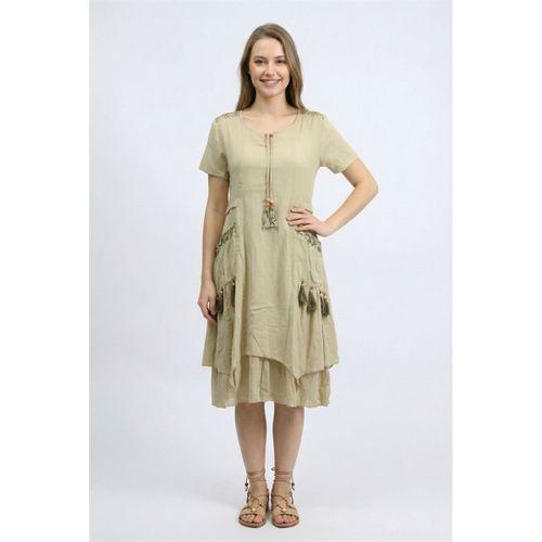 Kısa Kol Nil Vual Diz Boyu Çift Cepli Nakışlı Yazlık Elbise Vizon Vzn