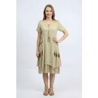 Kısa Kol Nil Vual Diz Boyu Çift Cepli Nakışlı Yazlık Elbise Vizon Vzn