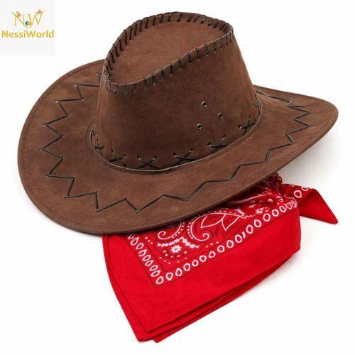 Çocuk Kovboy Şapka Kahverengi & Kırmızı Bandana Seti