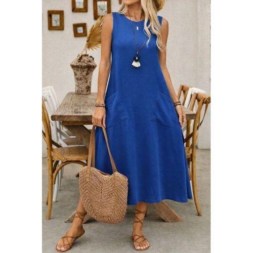 Kadın Askılı Yuvarlak Yakalı Kıloş Cepli Uzun Elbise