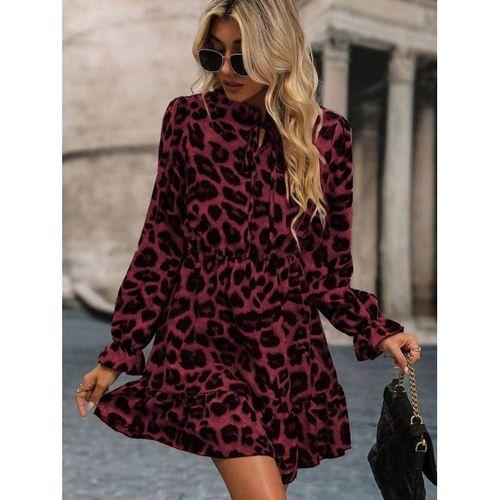 Kadın Uzun Kollu Yakadan Bağcıklı Modal Leopar Desenli Mini Elbise