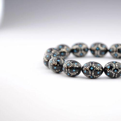 Kule Model Mavi Mine ve Gümüş İşlemeli Oltu Sıkması Tespih