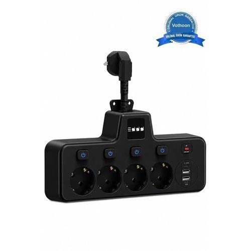 Termal Akım Korumalı 4’lü Duvar Tipi Priz 2x Usb 2x Type-c Çıkışlı Grup Priz Çoğaltıcı Siyah  2500w