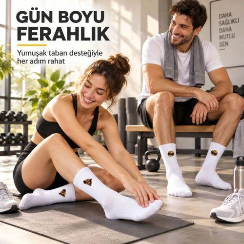 Unisex Çorap Beyaz Nakışlı 3'lü Set Pizza Hotdog Hamburger Desenli Uzun Soket Günlük Spor Çorap Seti