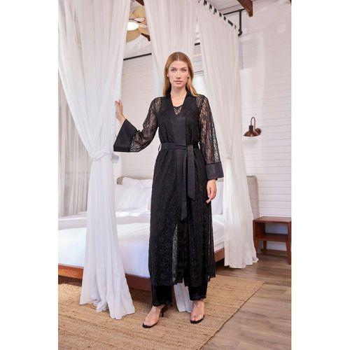 Uzun Kollu Dantelli Ve Kuşaklı Sabahlık