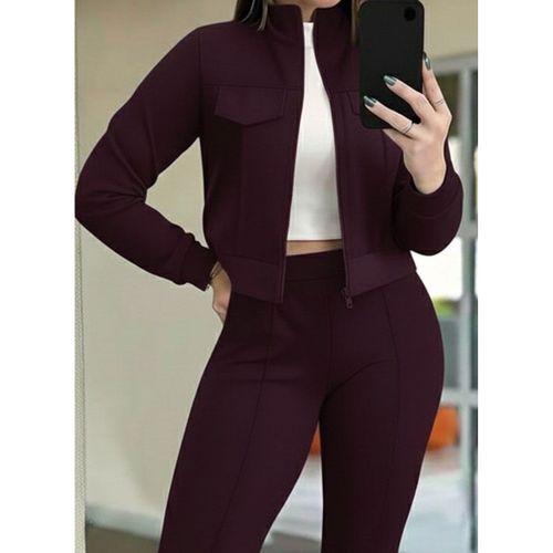 Kadın Uzun Kollu önden Fermuarlı Kısa Modal Mor Ceket Ve Pantolon Ikili Takım