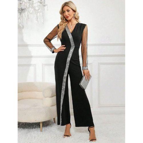 Kadın Uzun V Yakalı önden Pulpayet Detaylı Tüllü Uzun Ithal Krep Tulum