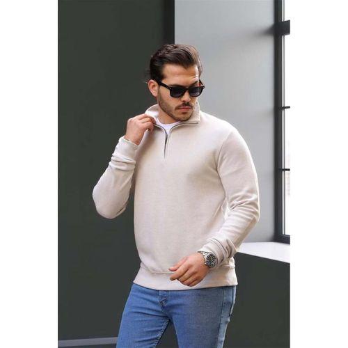 Selanik Örme Kumaş Yarım Fermuar Erkek Sweatshirt - Taş