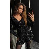 Kadın Uzun Kollu V Yaka Düğme Detay Ful Pul Payet Elbise