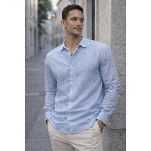 Proust Çizgili İnce Modal Kumaş Uzun Kollu Yazlık Erkek Gömlek - Soğuk Mavi