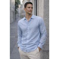 Proust Çizgili İnce Modal Kumaş Uzun Kollu Yazlık Erkek Gömlek - Soğuk Mavi