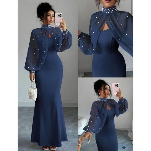 Kadın Balıkçı Yaka İnci Ve Tül Detay Dalgıç Kumaş Maxi Boy Elbise