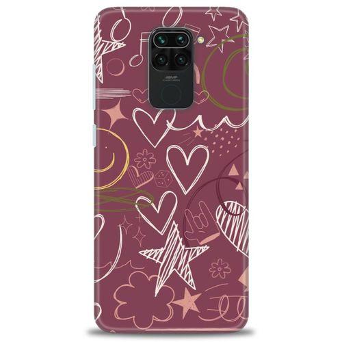 Xiaomi Redmi Note 9 Kılıf HD Baskılı Kılıf - Notalar ve Kalpler Bordo + Tam Ekran Koruyucu