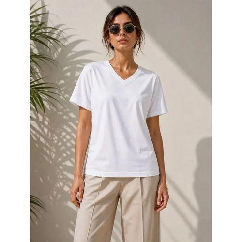 V Yaka Basic Tişört Kısa Kol Yazlık Regular Fit T-Shirt - Beyaz