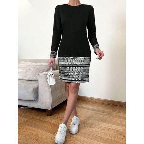 Kadın Uzun Kollu Bisiklet Yaka Kol Ağzı Ve Etek Ucu Baskılı Iki Iplik Elbise