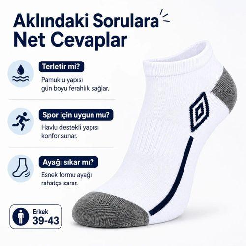 Erkek 3’lü Spor Patik Çorap 39-44 Pamuklu Havlu Destekli Bilek Boy Beyaz Gri
