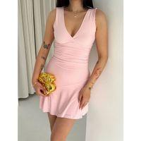 Derin V Yaka Sırt Dekolteli Mini Elbise Drapeli Şık Kolsuz - Pembe