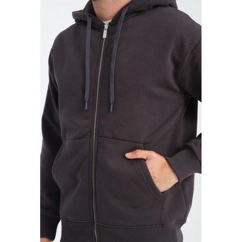 İçi Peluş Üç İplik Kumaş Oversize Fermuarlı Kapüşonlu Sweatshirt - Füme