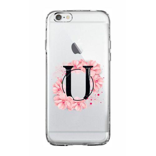 iPhone 6 Pembe Çiçek Desen U Harfli Şeffaf Kılıf