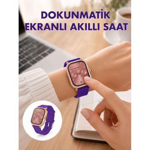 Pembe Mor Ve Metal Kordonlu Akıllı Saat Hediye Seti