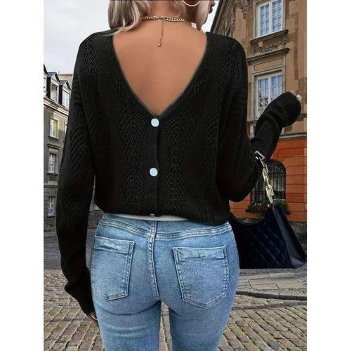 Kadın Uzun Kollu V Yakalı Arkası Düğmeli Triko Bluz