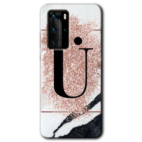 MRCİLETİSİM Huawei P40 Pro Kılıf HD Desen Baskılı Arka Kapak + Temperli Cam - Pembe Mermer Desenli Ü Harfi