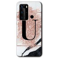 MRCİLETİSİM Huawei P40 Pro Kılıf HD Desen Baskılı Arka Kapak + Temperli Cam - Pembe Mermer Desenli Ü Harfi