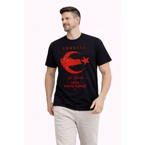 Erkek TÜRKİYE Ay Yıldız Baskılı Taraftar Forma T-Shirt - Siyah