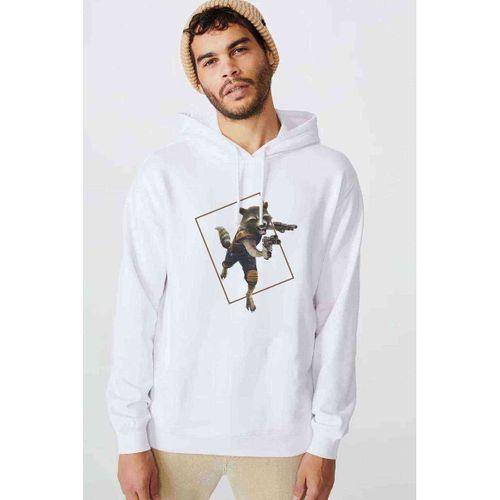Rakun Rocket Baskılı Beyaz Erkek Kapşonlu Sweatshirt