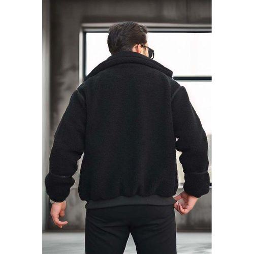 İçi Astarlı Şerit Detaylı Peluş Erkek Mont - Siyah