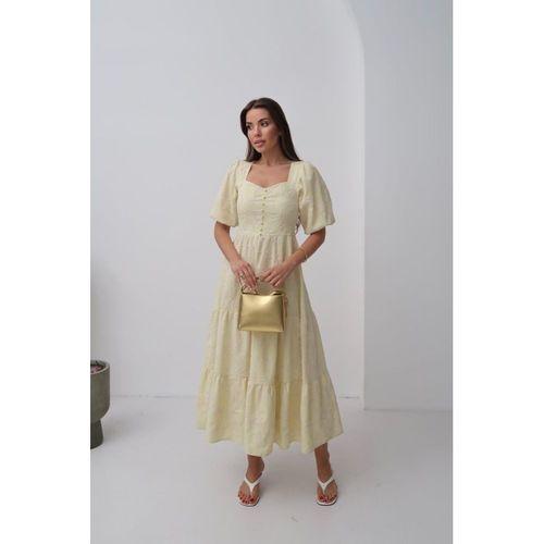 Sarı Süs Düğmeli Balon Kollu Elbise