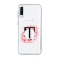 Samsung A70 Pembe Çiçek Desen T Harfli Şeffaf Kılıf
