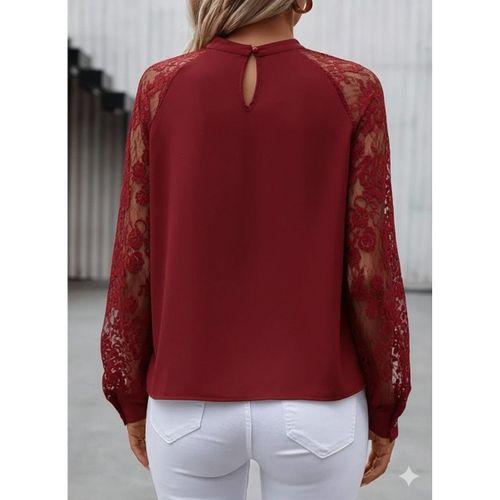 Kadın Uzun Dantel Kollu Yuvarlak Yakalı Sandy Bluz