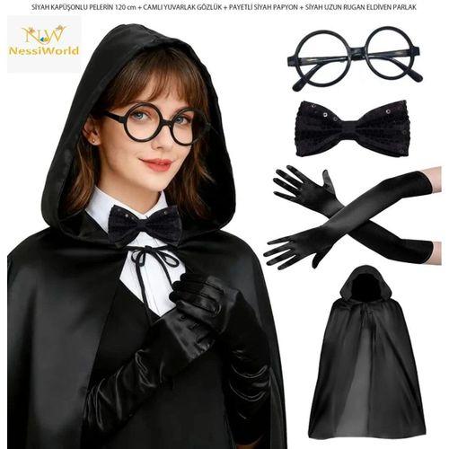 Siyah Kapüşonlu Büyücü ve Cadı Pelerin Kostüm Seti (4 Parça)