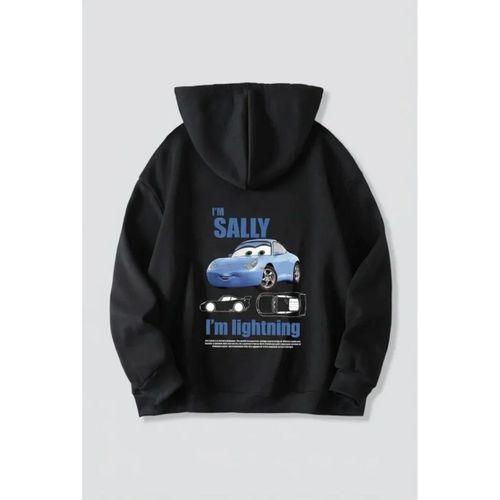 Sevgililer Günü Özel Kapüşonlu Araba Baskılı Oversize Sweatshirt - Siyah